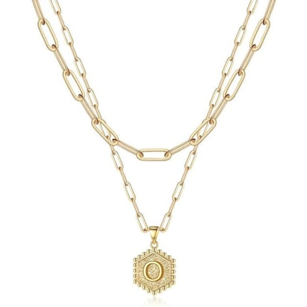 MOOHAM Dainty Gold Initial O Necklace - 14K Gold Plated Layered Hexagon Pendant
